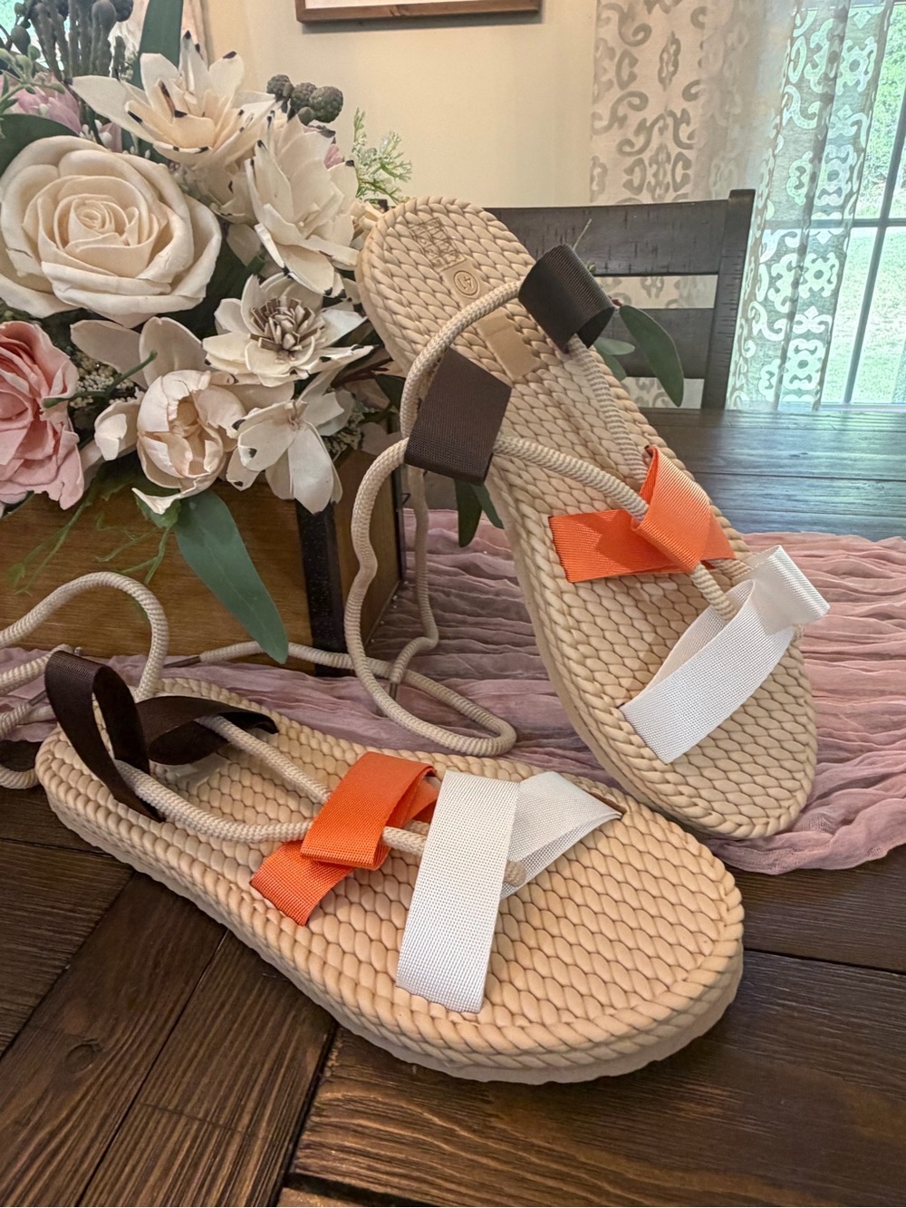 New - Women’s Braided Rope Sandals with brown, Orange and White Straps